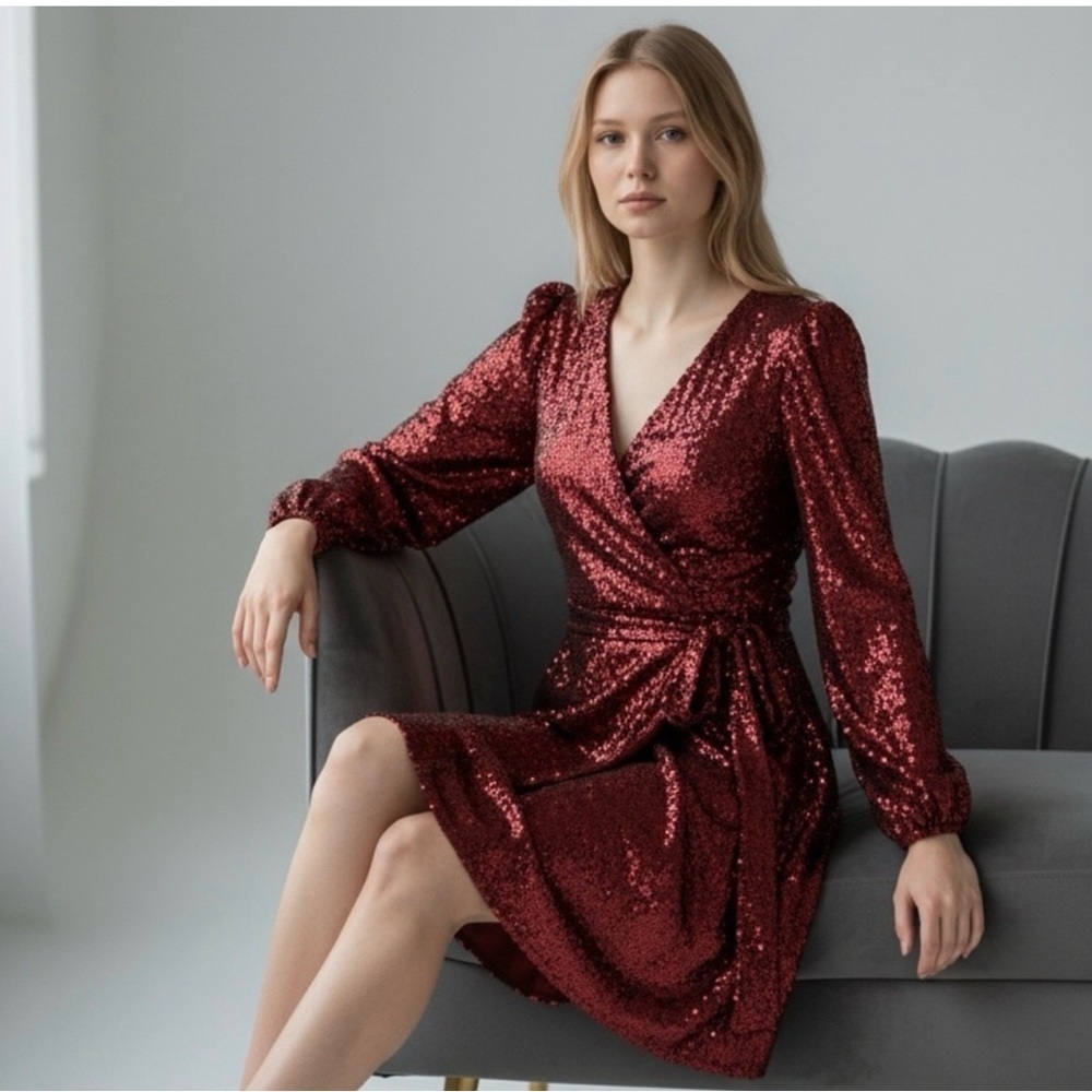 Kate & Mallory Sparkling dark Red maroon long sleeve Sequin knee length Dress